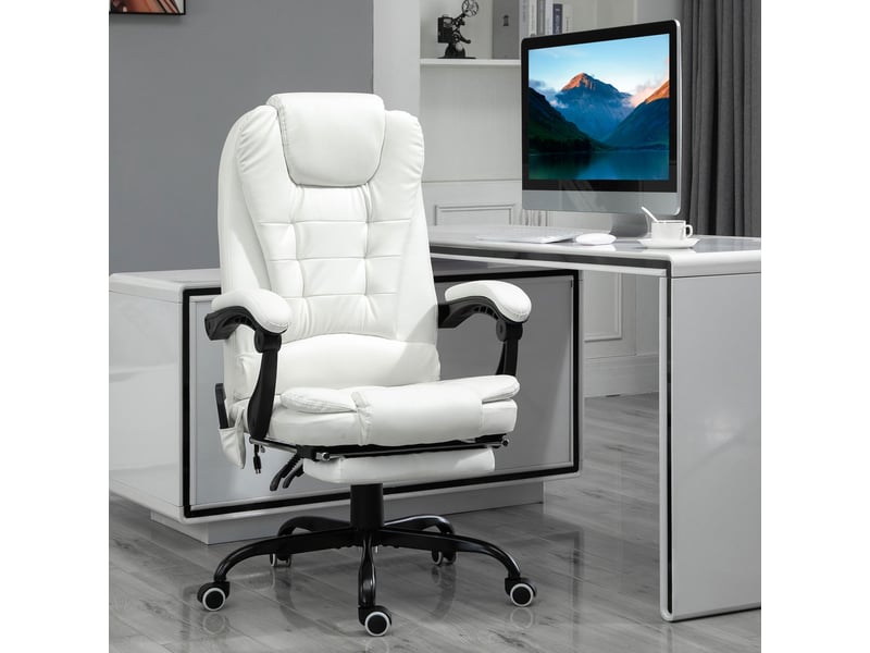  Fauteuil bureau massant, hauteur réglable, dossier inclinable, télécommande, repose-pieds, pivotant 360°, blanc.  - Conforama D