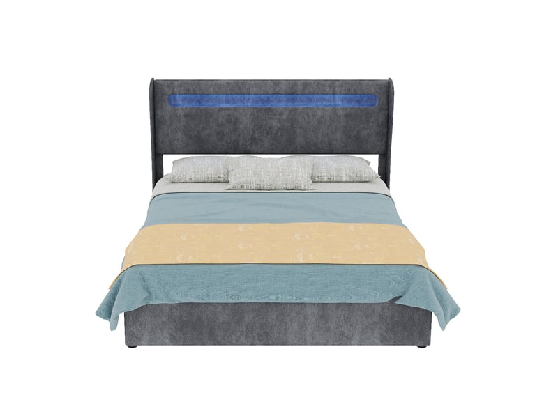  Lit rembourré 140 × 200 cm 2 places avec led réglable, tête de lit ajustable, sans matelas, tissu gris  - Conforama A