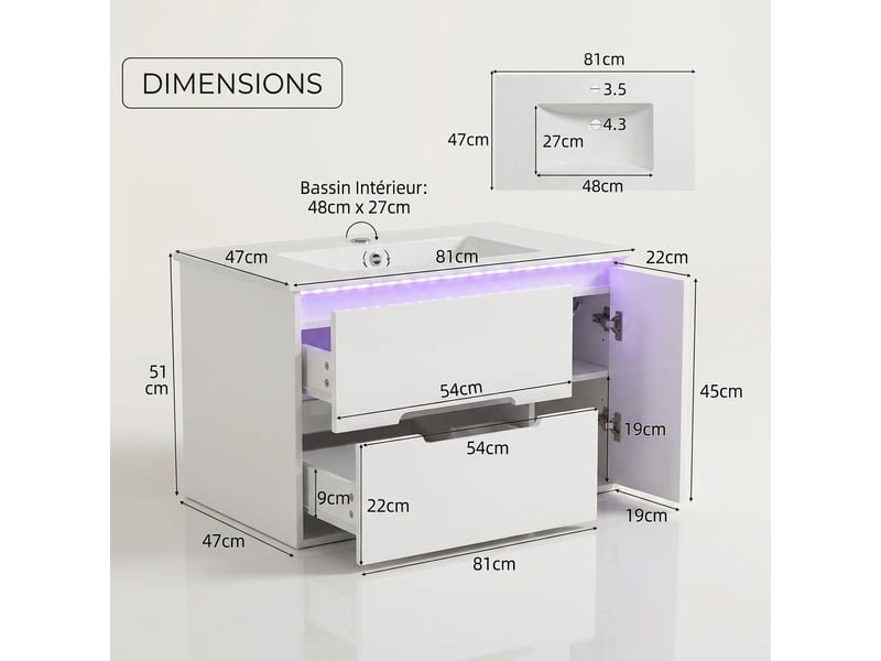 Meuble salle de bain suspendu 81 cm blanc avec vasque en céramique et éclairage led - Conforama C