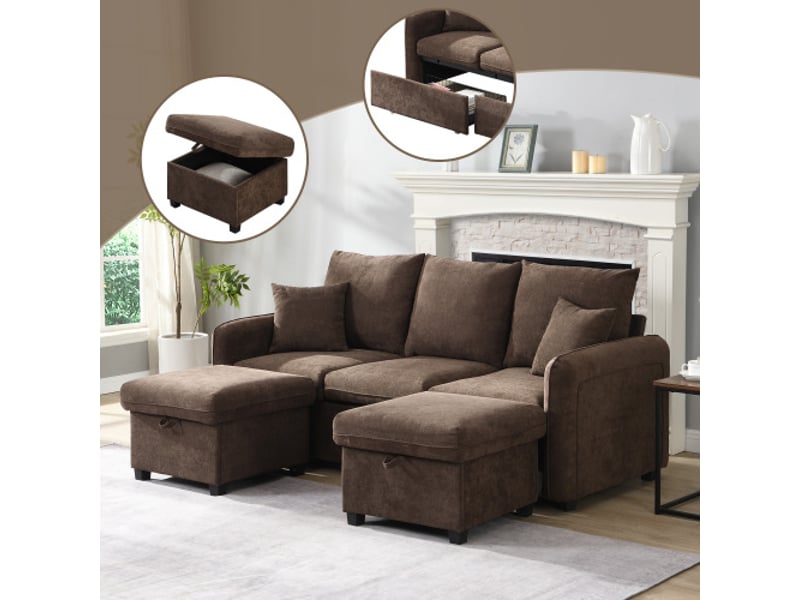  Canapé d’angle en u 3 places 188x186x86 cm convertible avec tiroirs, pouf coffre, modules séparables, chenille, marron Sol Morn - Conforama D
