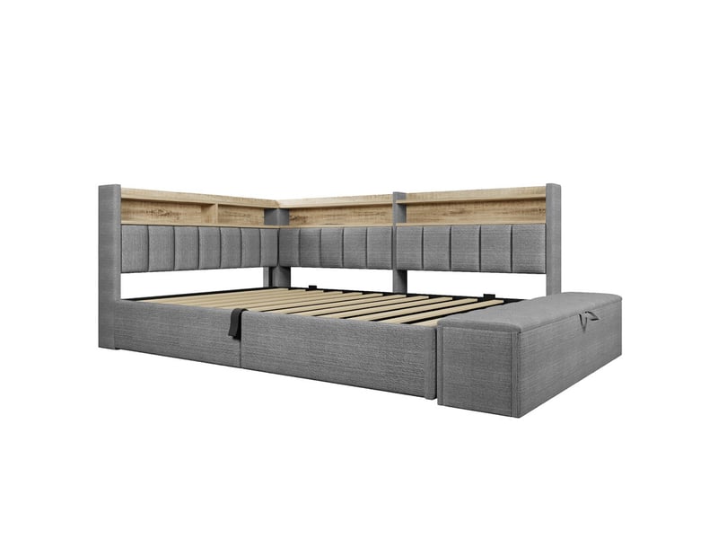  Lit coffre, 140 x 200 cm, lit de repos avec élément de rangement latéral, bande lumineuse led et prise électrique, velours, gris  - Conforama A