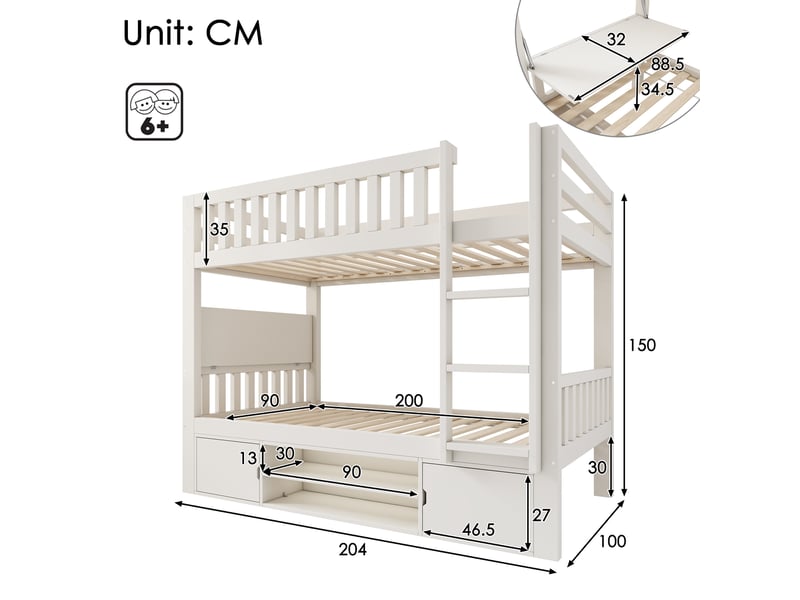 Lit mezzanine enfant 90x200 cm, lit superposé avec bureau pliant et rangement chaussures, lit gain de place en bois mdf, sommier inclus, blanc - Conforama C