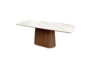 Table rectangulaire lumea – 200 cm – plateau céramique effet marbre blanc et pied plaqué noyer – style contemporain
