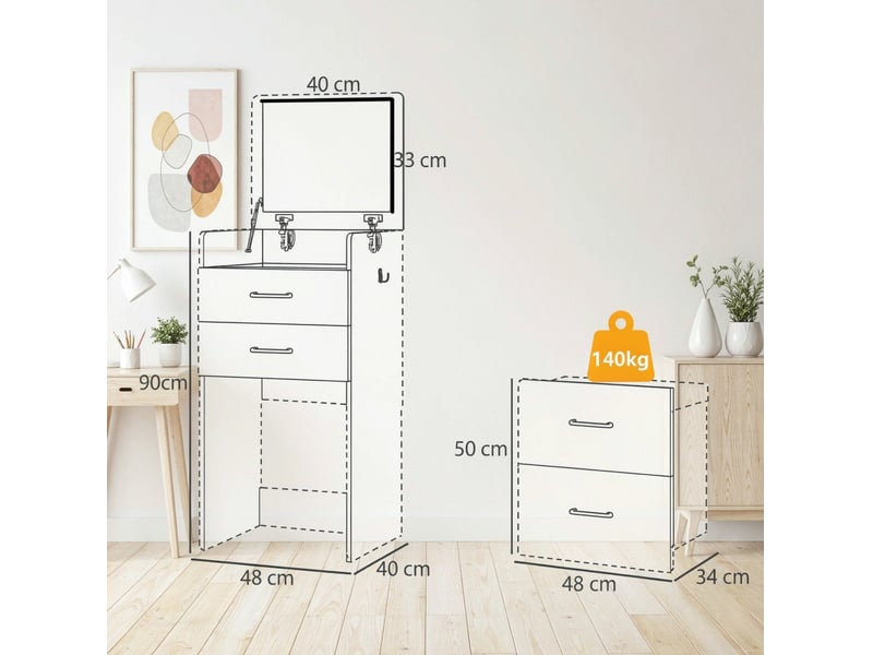  Coiffeuse 3 en 1 blanche en mdf avec miroir rabattable, 2 tiroirs et tabouret à roulettes pour la chambre  - Conforama C
