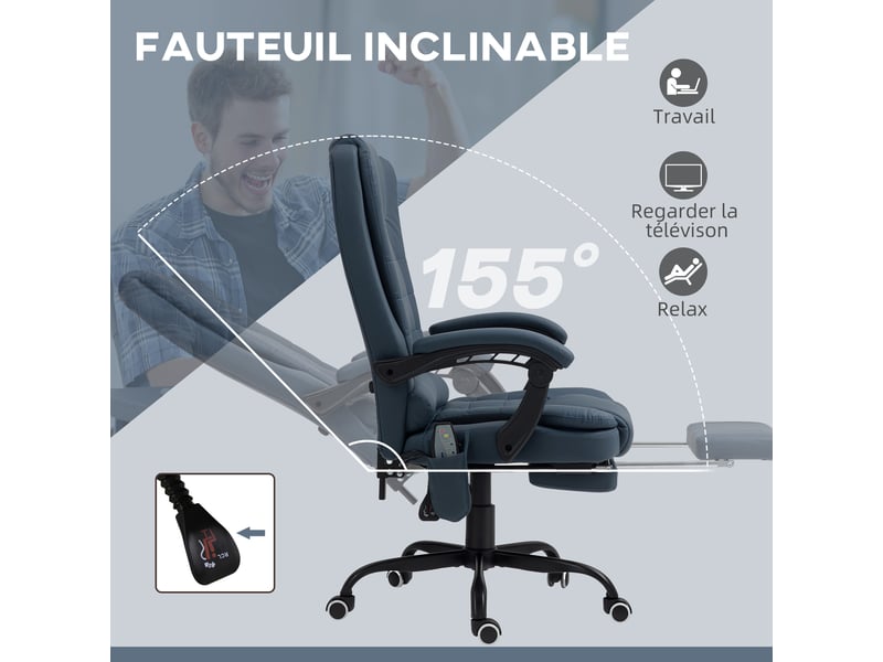  Fauteuil bureau massant hauteur réglable dossier inclinable télécommande filaire bleu  - Conforama D