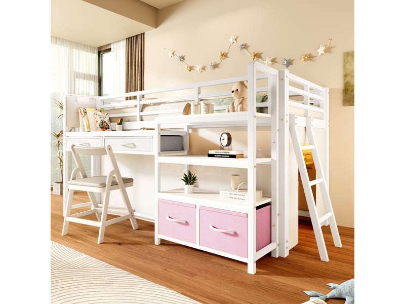 Lit mezzanine 90 x 200 cm avec bureau, rangement et tiroirs en tissu, lit enfant en métal avec rideau, étagère multi-niveaux et lumière led, blanc - Conforama B