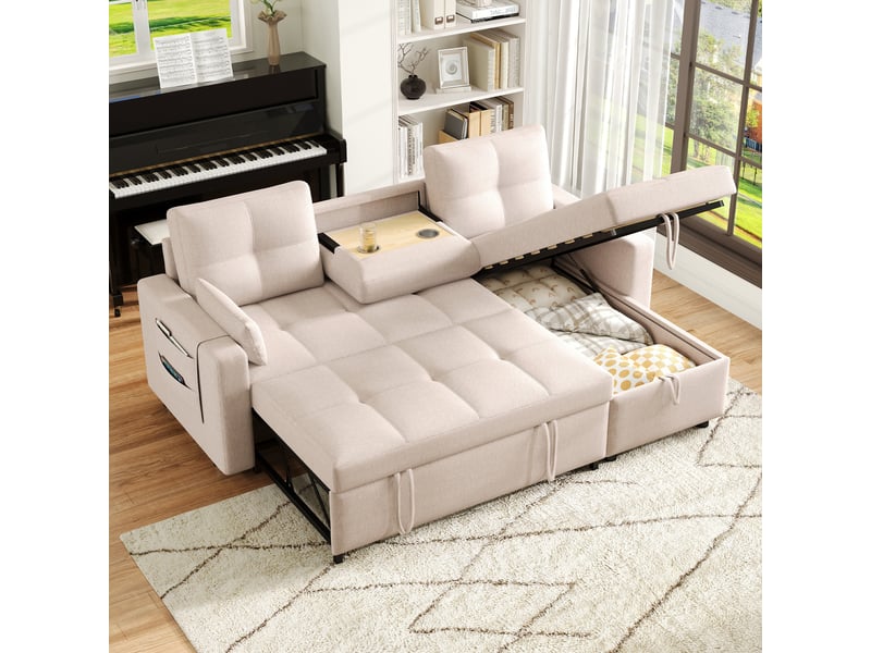  Canapé d'angle convertible modulable en lin avec rangement et porte-gobelet 3-4 places  - Conforama B