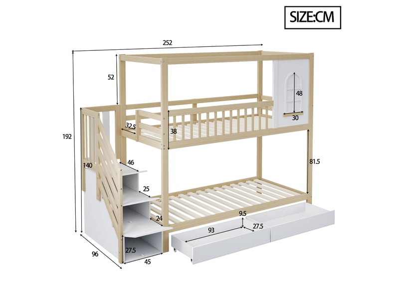 Lit superposé enfant 90x200, lit cabane en bois massif avec barrières, tiroirs de rangement et escalier sécurisé, couleur bois - Conforama R