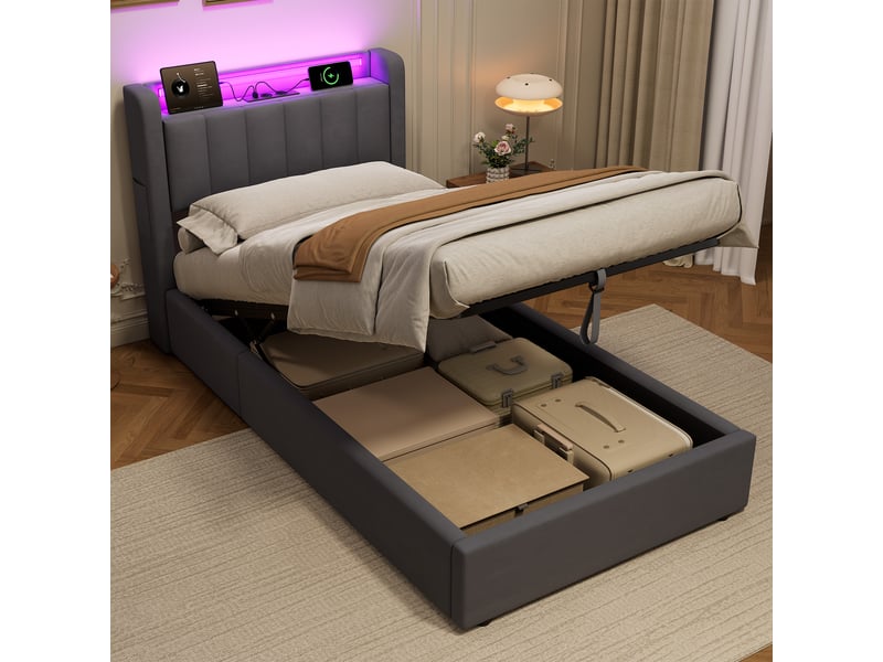  Lit coffre simple 90 x 200 cm en velours avec led, ports usb et tête de lit rembourrée, sans matelas  - Conforama C