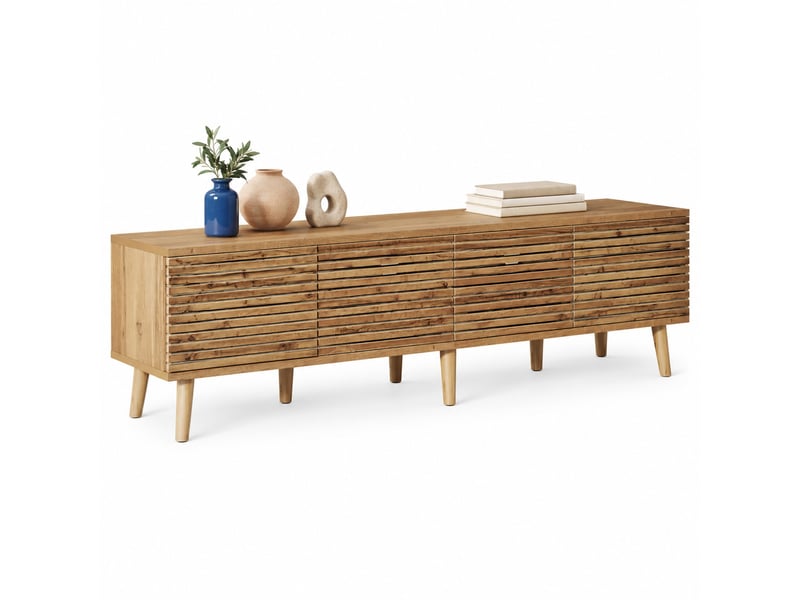  Meuble tv 180x40x46 cm pour téléviseur jusqu'à 75 pouces, 4 portes, bois clair  - Conforama A