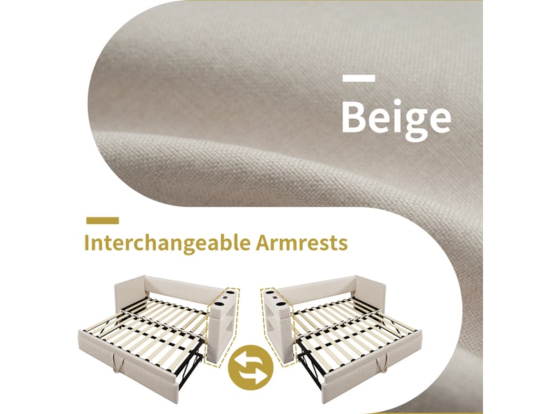  Lit gigogne enfant 90x190 cm, canapé-lit avec usb type-c, porte-gobelet, sommiers, coton lin beige, sans matelas  - Conforama E