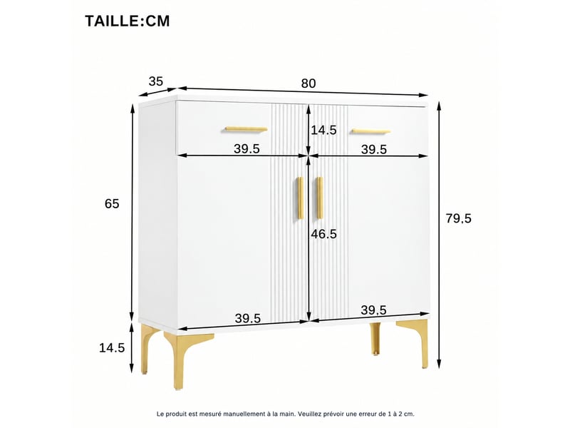 Buffet 2 portes 2 tiroirs, façades rainurées, poignées et pieds en métal doré, blanc, 80 x 35 x 79,5 cm - Conforama E
