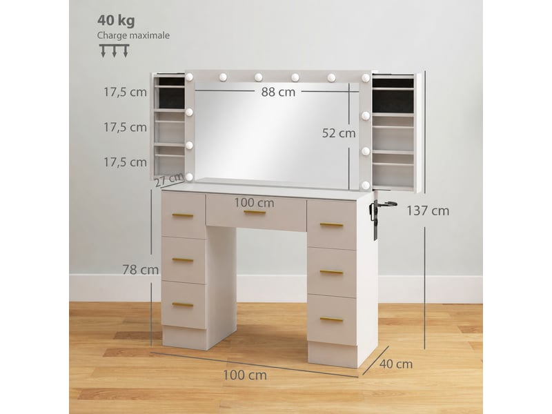 Coiffeuse blanche avec miroir lumineux, 12 led, 7 tiroirs et 6 compartiments cachés, 100 x 40 x 137 cm - Conforama E