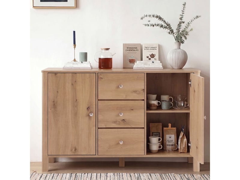  Commode 3 tiroirs et 2 portes, enfilade salon 120 cm, buffet moderne couleur chêne  - Conforama B