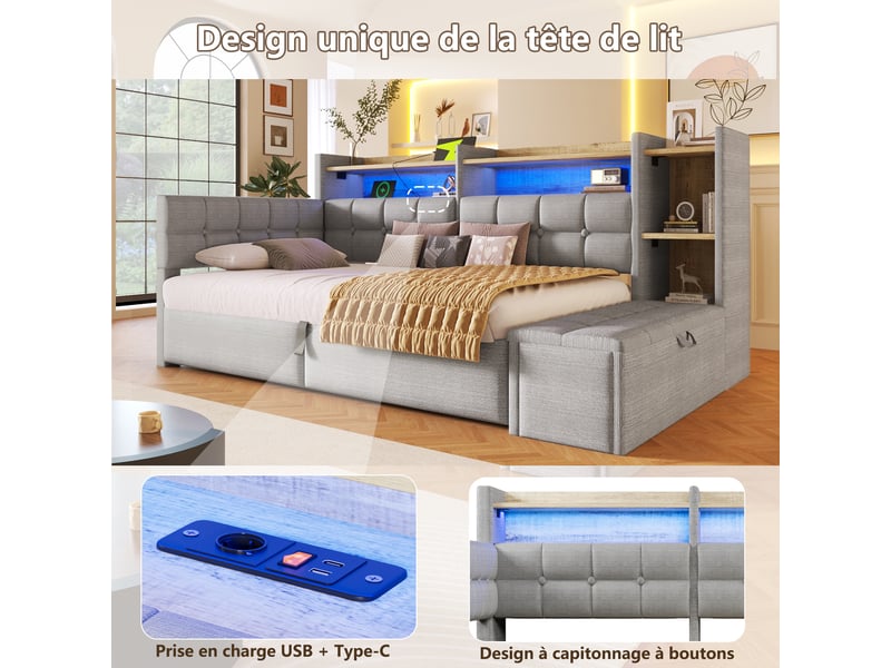  Lit coffre hydraulique 90x200 cm avec led multicolore, usb et usb-c et banc coffre, velours gris, sans matelas  - Conforama R