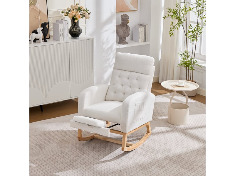  Fauteuil à bascule avec repose-pieds télescopique et poches latérales en bouclé et bois blanc, 65,6 × 123 × 102 cm  - Conforama C