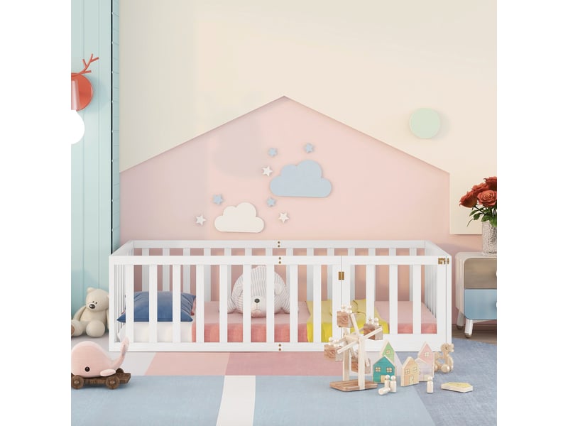  Lit enfant 90x200 au sol avec barrière et porte - cadre en bois massif blanc  - Conforama D