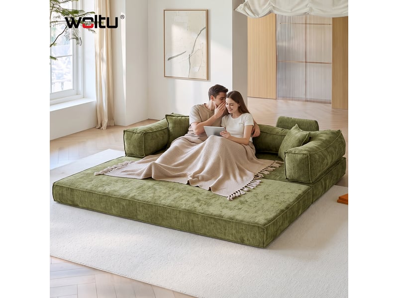  Canapé-lit convertible 3 places,sofa de sol modulaire，coussins amovibles, 207x106x68cm，vert olive  - Conforama C