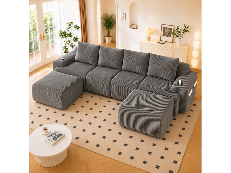  Canapé modulable 333x174x80 cm avec 2 poufs, porte-gobelets et poche gris foncé  - Conforama B
