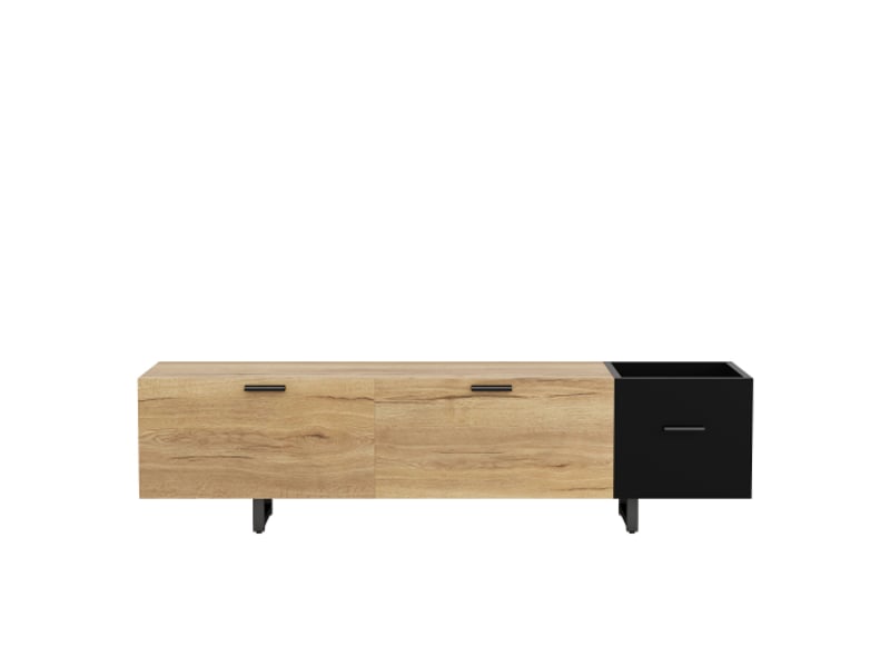  Meuble tv moderne bois naturel et noir – niches ouvertes, grands tiroirs et rangement fermé, salon et espace média  - Conforama A