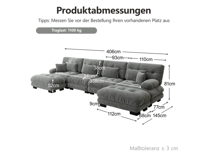 Canapé d'angle modulaire en u 4 places avec ottomans mobiles en chenille gris - Conforama E