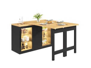 Table îlot de cuisine extensible 120x40x72 cm, rotation 360° et led rgb contrôlable par application, mdf, noir et bois clair