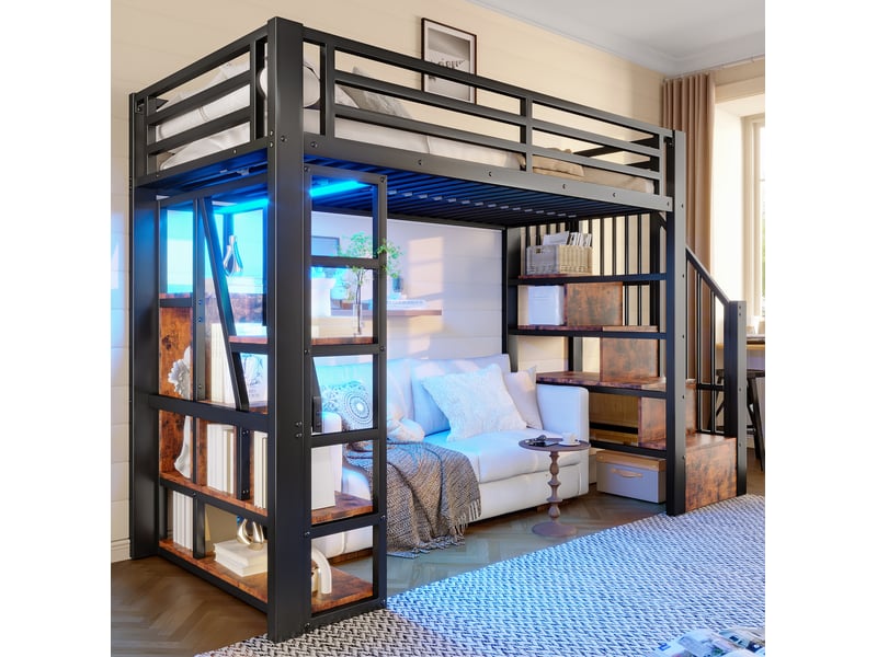 Lit mezzanine enfant 90 x 200 cm noir avec led, rangements et échelle  - Conforama C