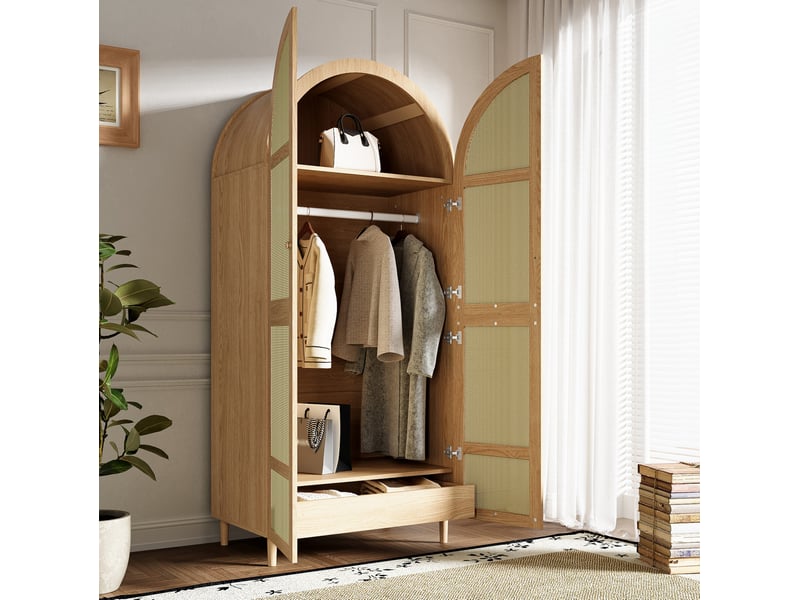  Armoire penderie grand volume 80x50x179 cm portes courbées rotin tringle tiroir pieds bois mdf pb naturel  - Conforama R