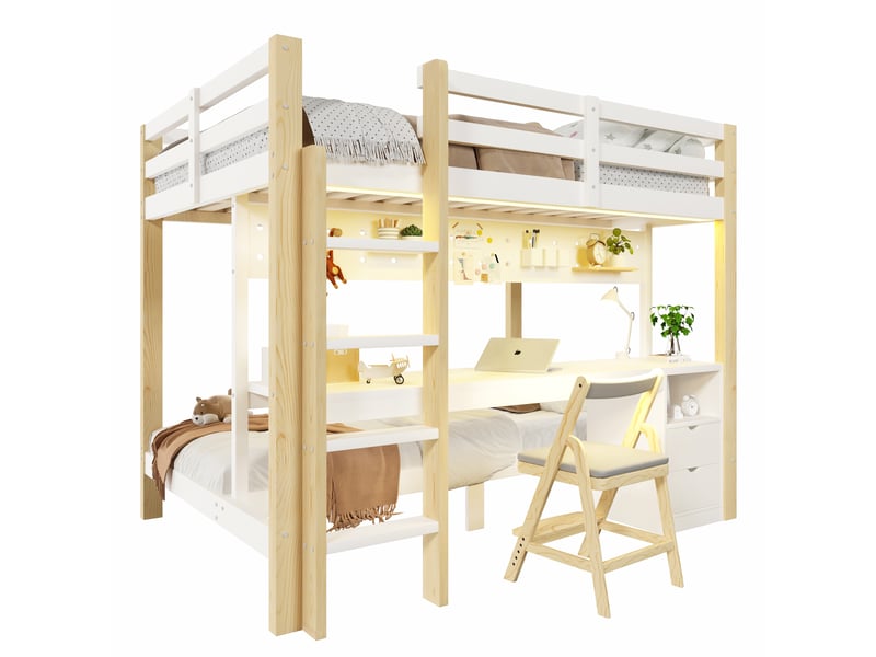 Lit superposé enfant 140x200 et 90x200 cm avec bureau, tiroirs et led - Conforama A