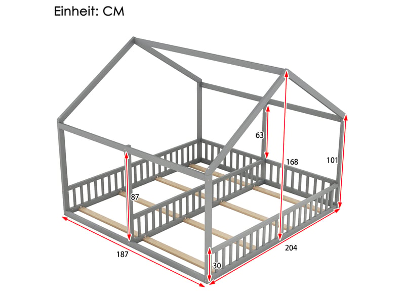 Lit cabane double enfant avec 2 couchages 90 x 200 cm côte à côte et barrières, pin et mdf, gris Fay Lum - Conforama C
