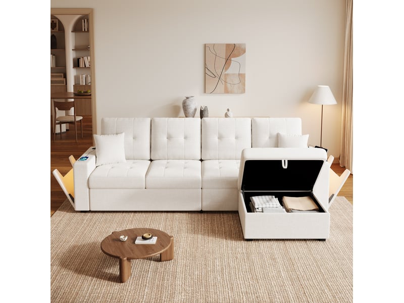 Canapé d'angle modulaire avec pouf coffre, led, usb et type-c en tissu de lin beige, 253 × 144,5 × 80,7 cm - Conforama E