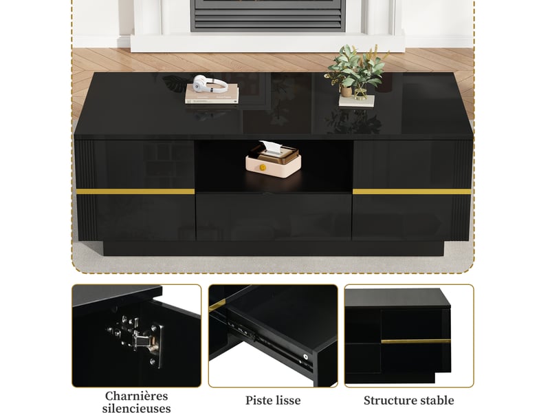  Table basse 100x50x35,5 cm avec éclairage led, 2 portes et 1 tiroir, mdf, couleur noir et doré, design moderne  - Conforama E