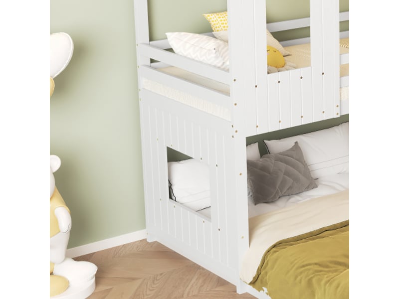  Lit superposé 90x200+140x200cm, lit enfant, avec barrière de protection contre les chutes, échelle et toboggan, pin + mdf blanc  - Conforama E