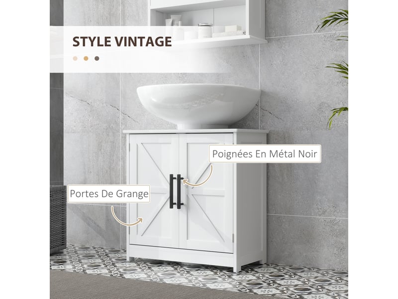  Meuble sous lavabo, meuble de salle de bain avec 2 portes magnétiques style grange et étagères, 60 x 30 x 60 cm, blanc  - Conforama E