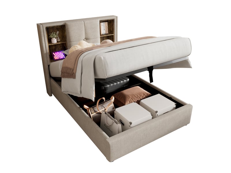  Lit coffre adulte 90x200 cm – naturel – recharge sans fil, usb-c, rangement à vérins et matelas inclus  - Conforama A