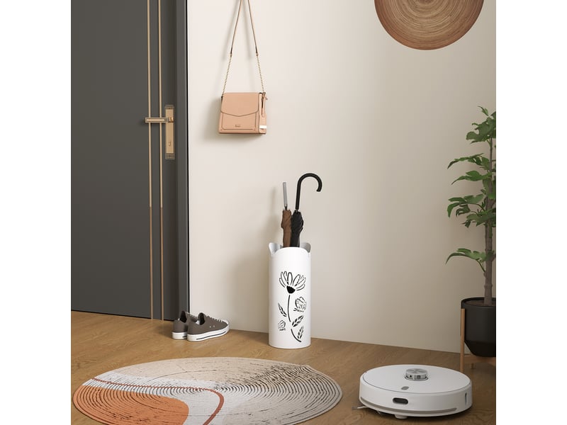  Porte-parapluie en acier avec 4 crochets, bac égouttoir amovible et design décoratif, 17 x 17 x 41 cm, blanc  - Conforama C