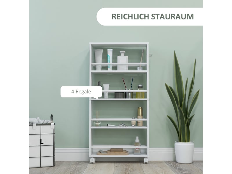  Desserte de cuisine étroite avec 4 niches et roulettes avec frein pour cuisine et salle de bain 45×15×91 cm blanc  - Conforama C