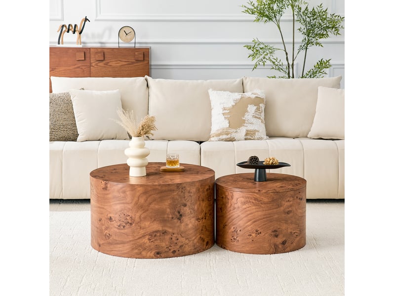  Ensemble de 2 tables basses gigognes ø62.8x35 et ø44x26 cm avec rangement en mdf marron  - Conforama C