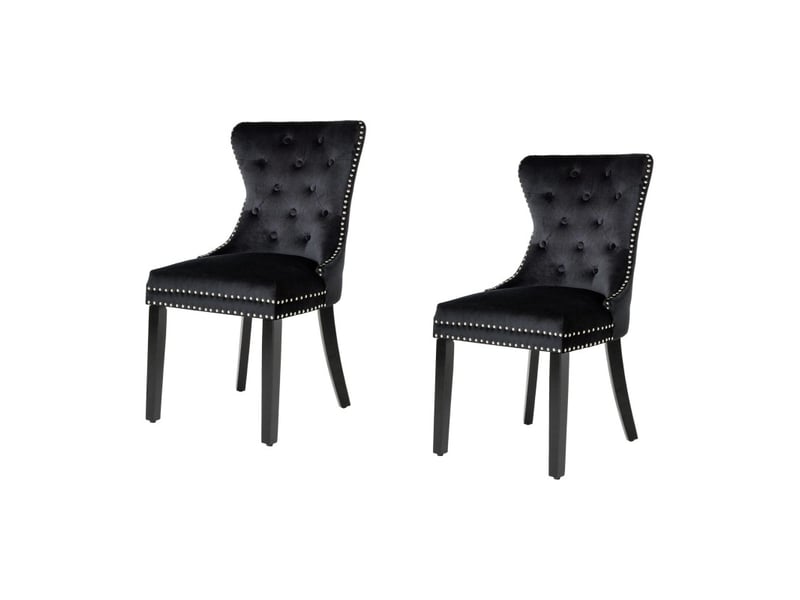  Lot de 2 chaises chesterfield regina noires en velours capitonné – anneau argenté, clous décoratifs et pieds en bois d'hévéa  - Conforama A