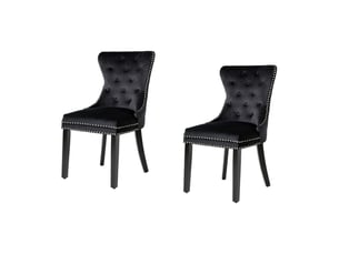 Lot de 2 chaises chesterfield regina noires en velours capitonné – anneau argenté, clous décoratifs et pieds en bois d'hévéa