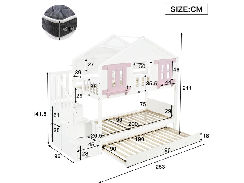 Lit superposé enfant 90x200 cm avec lit gigogne, escalier de rangement 3 marches, penderie latérale, fenêtres décoratives et toit, sommier à lattes stable, structure en pin, mdf et contreplaqué, blanc et rose - Conforama C