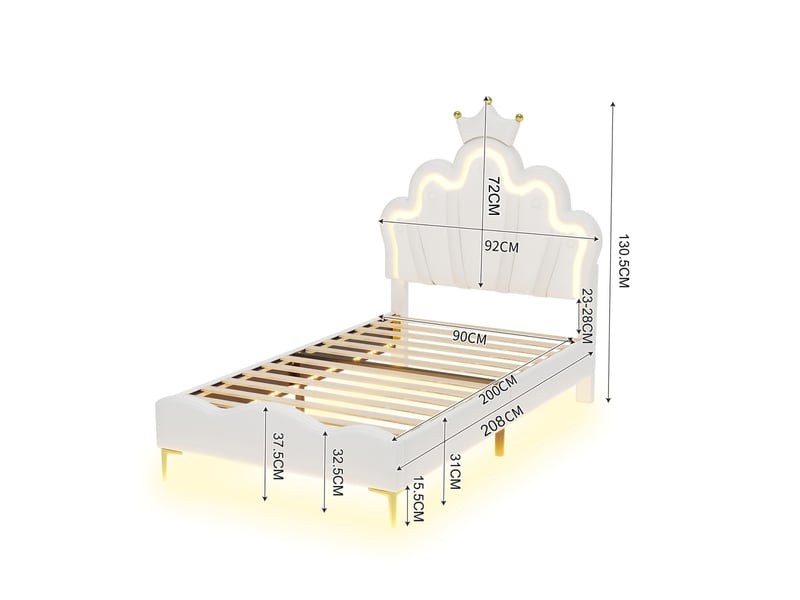 Lit simple 90x200 cm, lit enfant avec rgb led et tête de lit couronne réglable, lit capitonné avec sommier, blanc - Conforama E