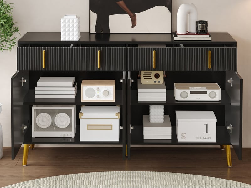 Buffet, 140 x 38 x 82 cm, 4 portes, 4 tiroirs, meuble de rangement avec stratifié amovible, pour salon et salle à manger, noir - Conforama B