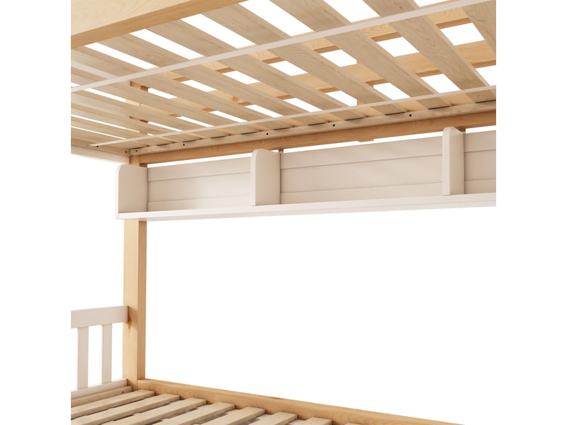  Lit superposé enfant 90x200 cm avec escalier de rangement, coffre hydraulique, étagères suspendues, en 747-1:2024, blanc et effet chêne  - Conforama D