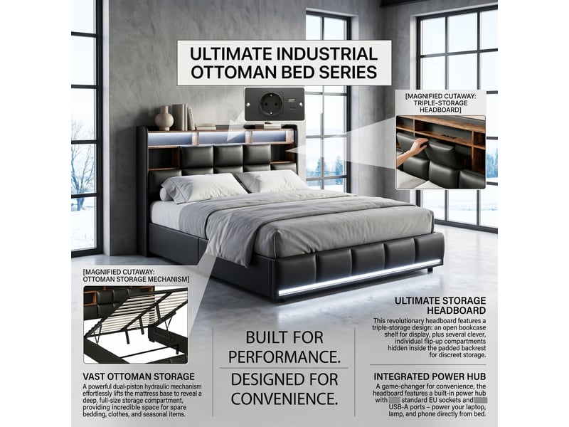  Dreammespace lit coffre 140x200 cm - lit adulte 2 places avec rangement prises et led tête de lit rabattable, métal et simili cuir pu noir DreamMespace - Conforama D
