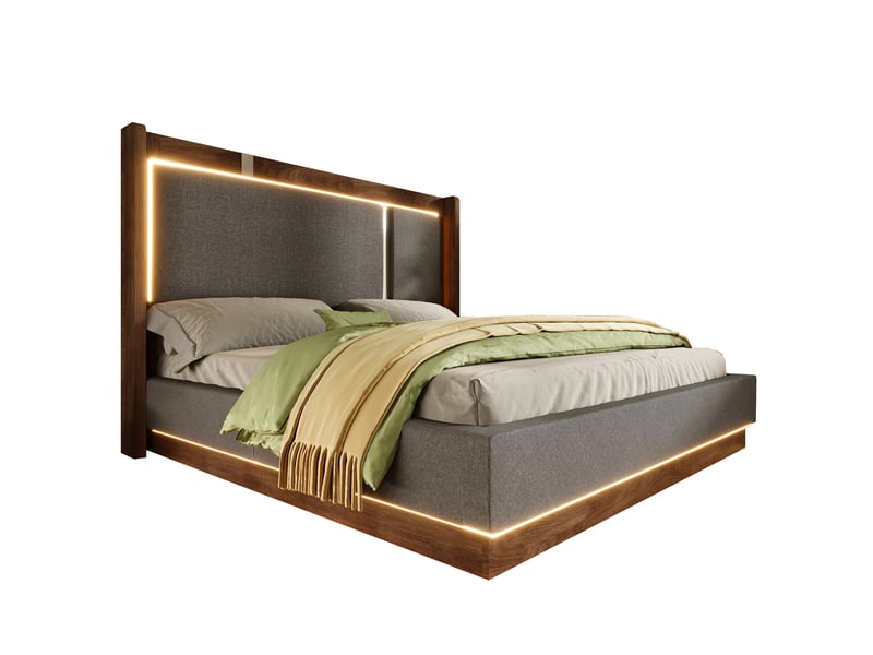  Lit coffre hydraulique 140x200 cm, lit double avec led et rangement, tête de lit rembourrée en lin, sommier à lattes - gris (sans matelas)  - Conforama A