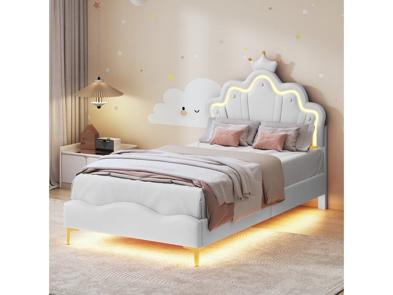  Lit enfant 90x200,lit princesse,lit de couronne,tête de lit en forme de couronne,bande lumineuse led  - Conforama B