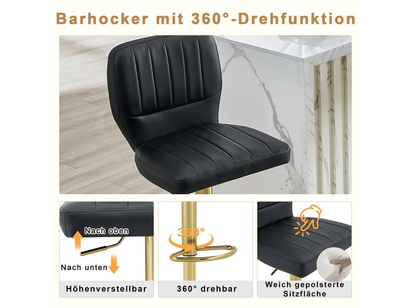  Tabouret de bar réglable  52 x 45 x 93-114 cm - siège pivotant à 360° -avec dossier et pédales en métal  - cuir - noir  - Conforama E
