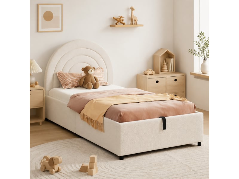  Lit coffre 90x200 cm avec sommier à lattes et tête de lit, bouclé beige  - Conforama B
