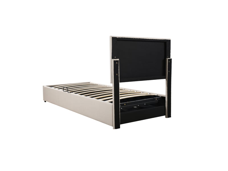 Lit enfant 90x200 cm en tissu beige, coffre hydraulique, rangement et sommier à lattes - Conforama E